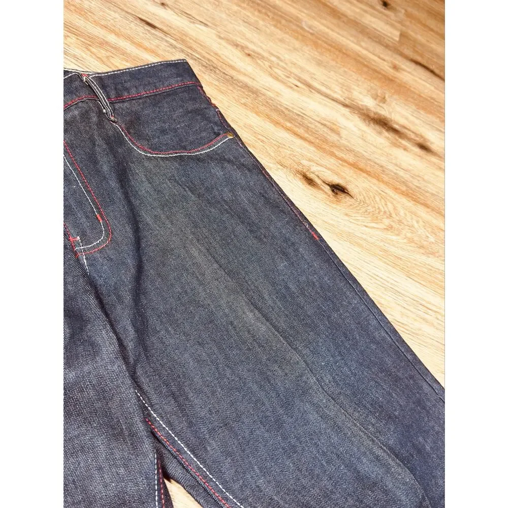 Q by Qruel Y2K Dark Wash Designer Jeans Red White Contrast Stitch  36x33